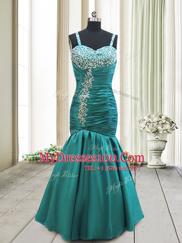 Mermaid Straps Floor Length Lace Up Evening Dresses Teal for Prom and Party with Beading and Ruching