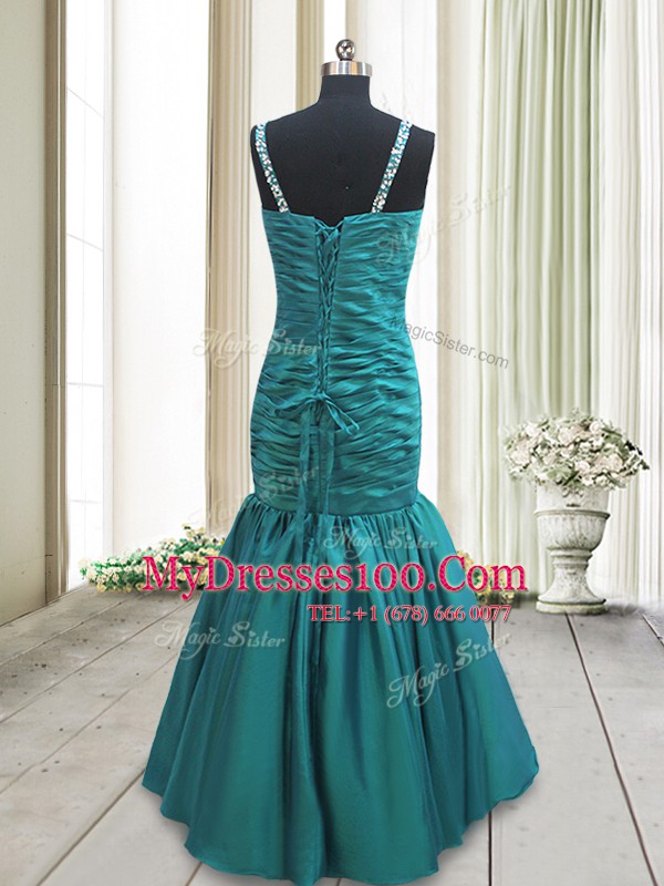 Mermaid Straps Floor Length Lace Up Evening Dresses Teal for Prom and Party with Beading and Ruching