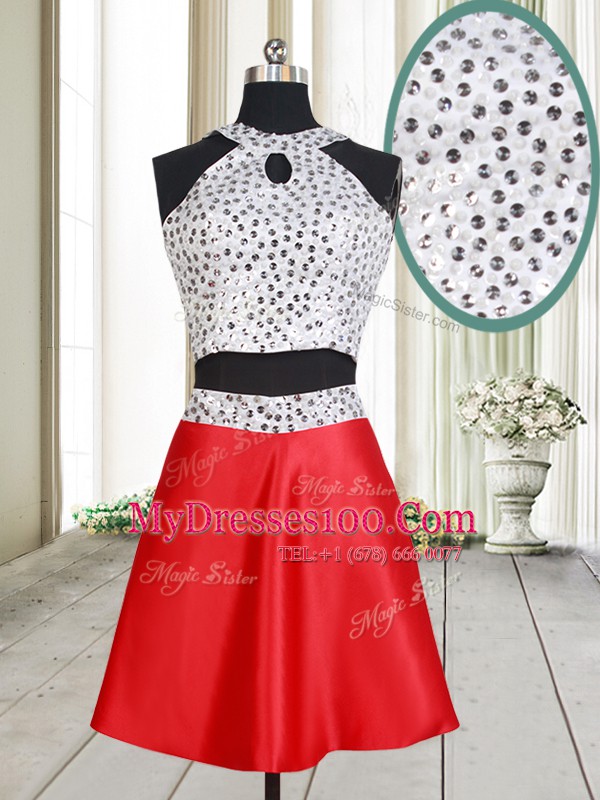 Pretty Halter Top Criss Cross White And Red Sleeveless Beading Mini Length Ball Gown Prom Dress