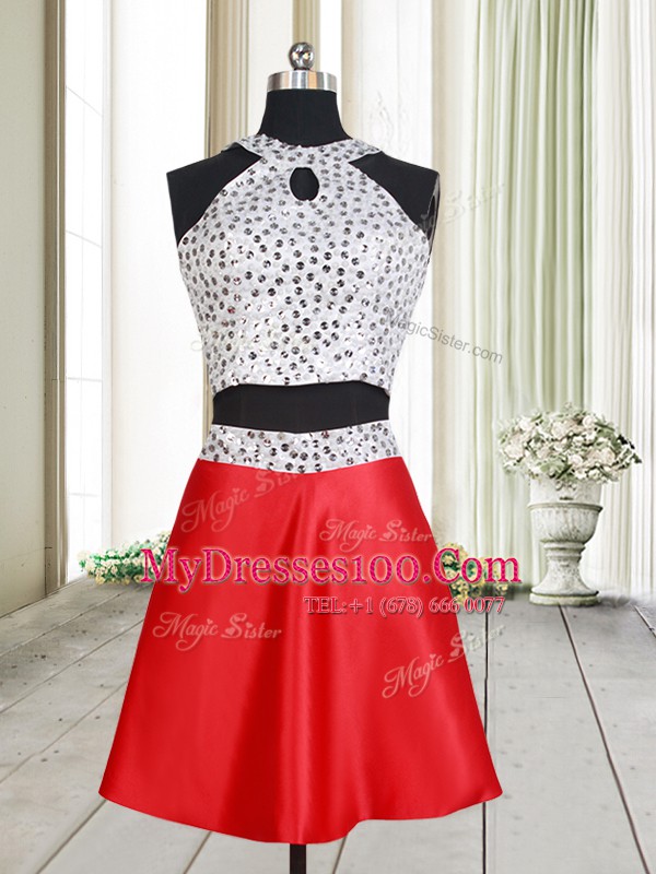 Pretty Halter Top Criss Cross White And Red Sleeveless Beading Mini Length Ball Gown Prom Dress