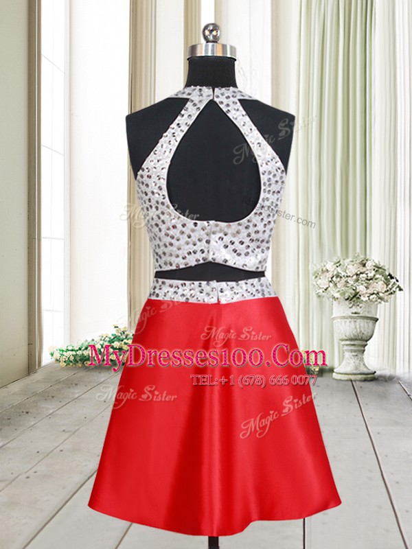 Pretty Halter Top Criss Cross White And Red Sleeveless Beading Mini Length Ball Gown Prom Dress