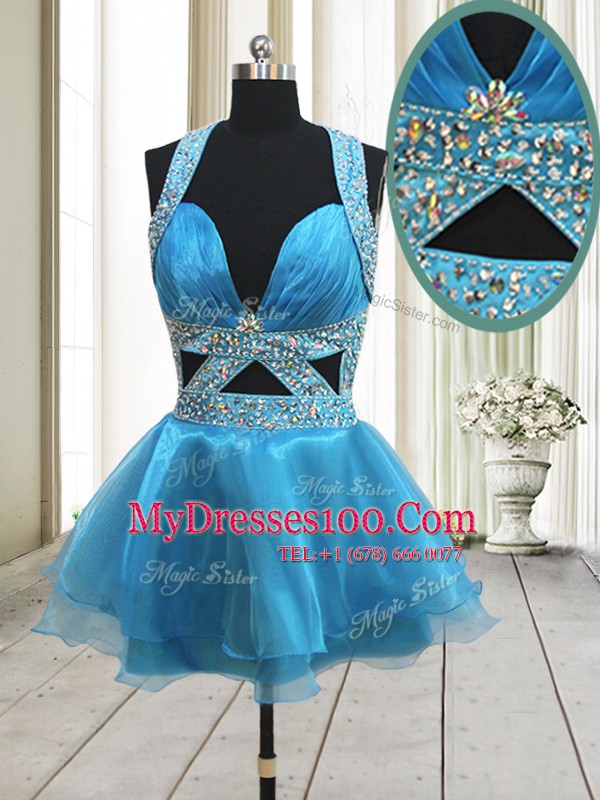 Halter Top Mini Length A-line Sleeveless Baby Blue Juniors Evening Dress Backless
