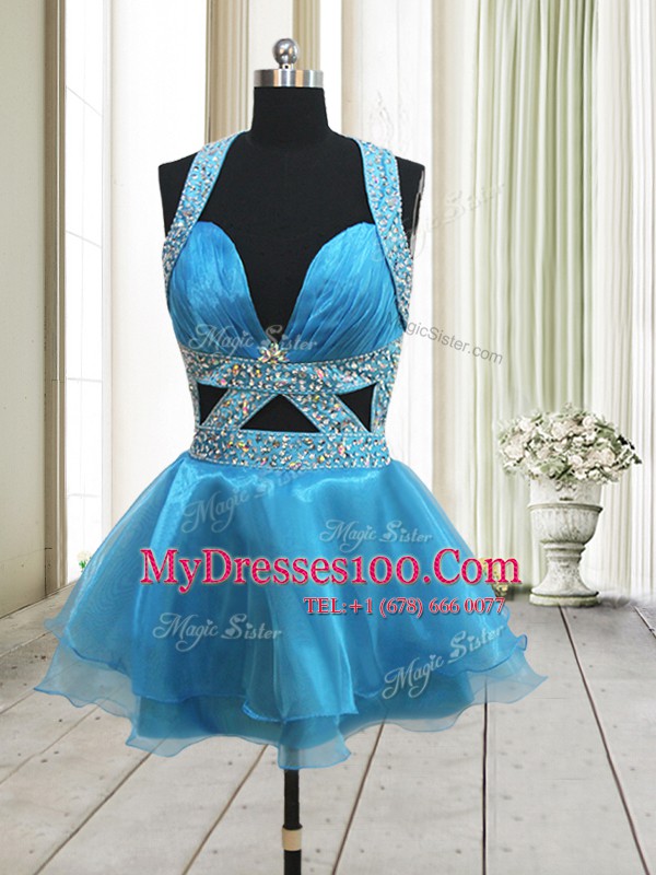 Halter Top Mini Length A-line Sleeveless Baby Blue Juniors Evening Dress Backless