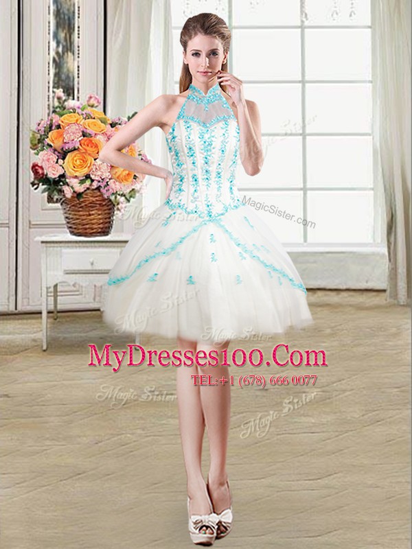 Customized Halter Top See Through White Tulle Lace Up Party Dress Wholesale Sleeveless Mini Length Beading and Ruffles