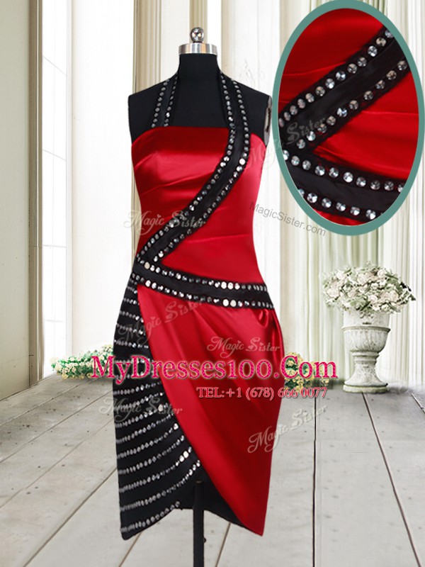 High Class Halter Top Beading Evening Party Dresses Red And Black Side Zipper Sleeveless Knee Length