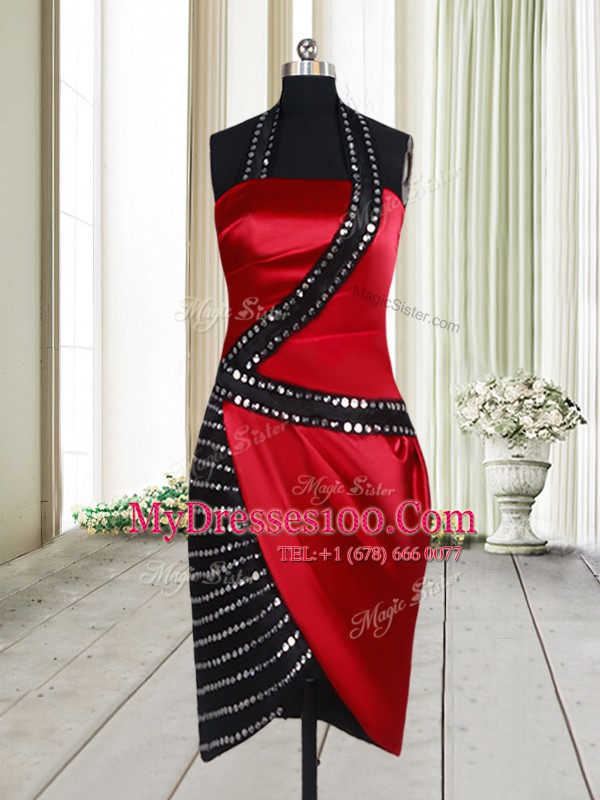 High Class Halter Top Beading Evening Party Dresses Red And Black Side Zipper Sleeveless Knee Length