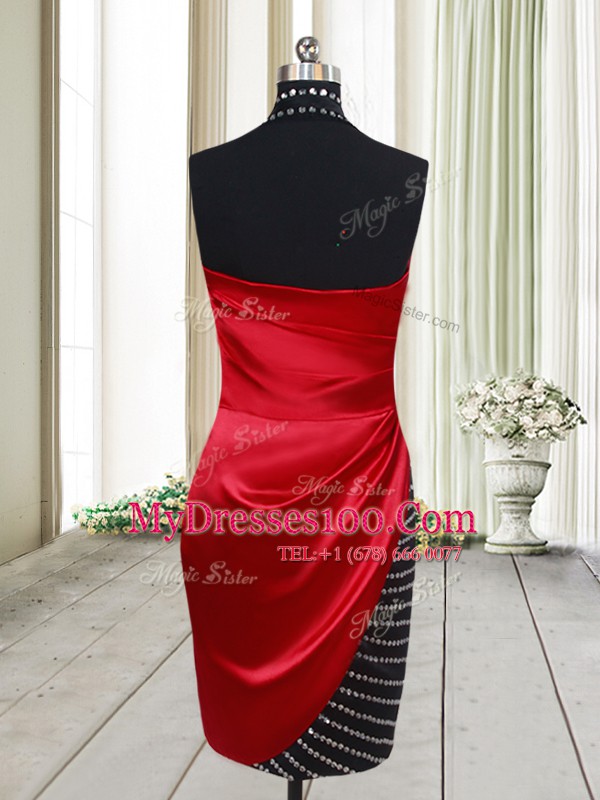 High Class Halter Top Beading Evening Party Dresses Red And Black Side Zipper Sleeveless Knee Length
