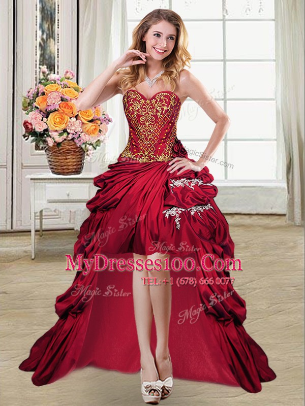 Cheap Wine Red Taffeta Lace Up Club Wear Sleeveless High Low Beading and Appliques and Pick Ups