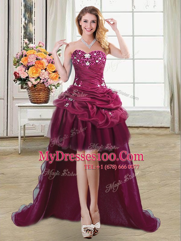 Colorful High Low Burgundy Prom Gown Organza Sleeveless Beading and Appliques and Pick Ups