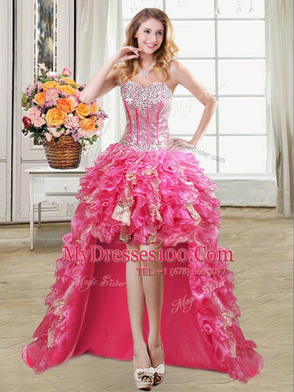 Sophisticated Hot Pink Sweetheart Lace Up Beading and Ruffles and Sequins Prom Gown Sleeveless