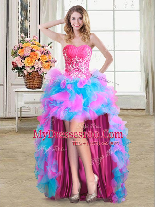 Multi-color Ball Gowns Beading and Ruffles Party Dress for Toddlers Zipper Organza and Tulle Sleeveless High Low