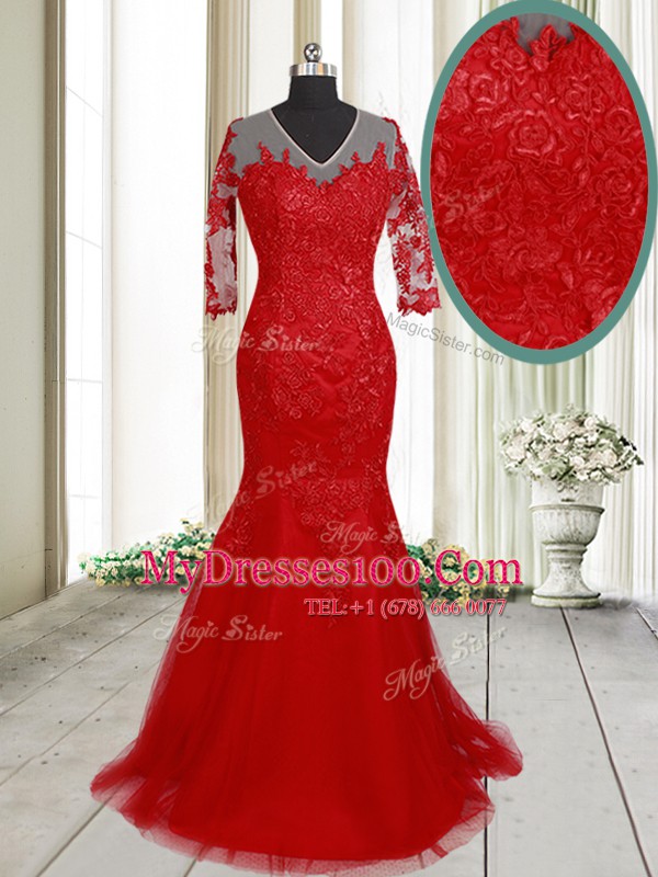 Elegant Mermaid Half Sleeves With Train Clasp Handle Prom Evening Gown Red for Prom and Party with Lace Brush Train