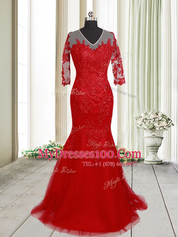 Elegant Mermaid Half Sleeves With Train Clasp Handle Prom Evening Gown Red for Prom and Party with Lace Brush Train