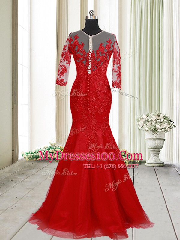 Elegant Mermaid Half Sleeves With Train Clasp Handle Prom Evening Gown Red for Prom and Party with Lace Brush Train