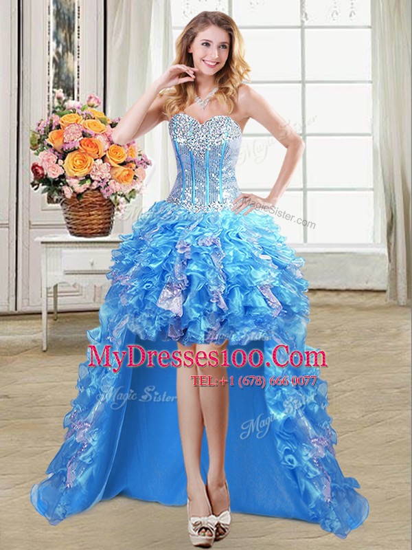 Hot Selling Baby Blue Prom and Party and For with Beading and Ruffles and Sequins Sweetheart Sleeveless Lace Up