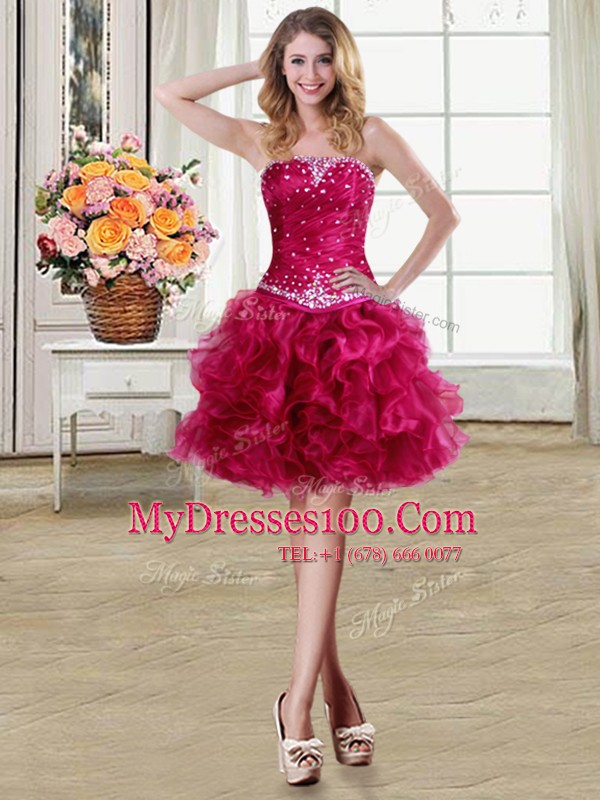 Fancy Fuchsia Strapless Neckline Beading and Ruffles Military Ball Dresses Sleeveless Lace Up