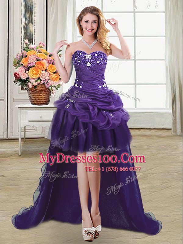 Purple Ball Gowns Beading and Appliques and Pick Ups Party Dress for Girls Lace Up Organza Sleeveless High Low