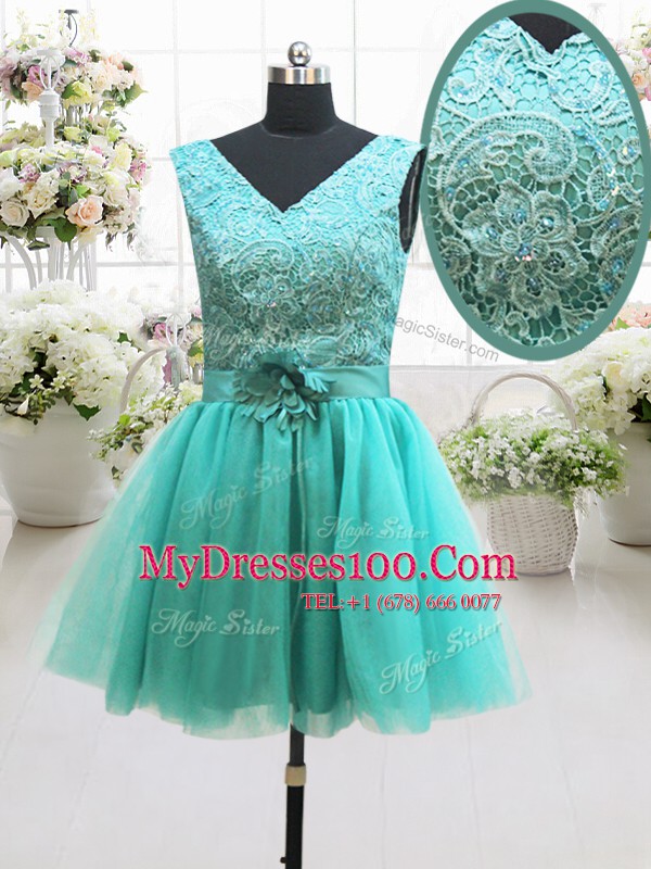 Tulle Sleeveless Mini Length Formal Evening Gowns and Beading and Lace and Belt and Hand Made Flower