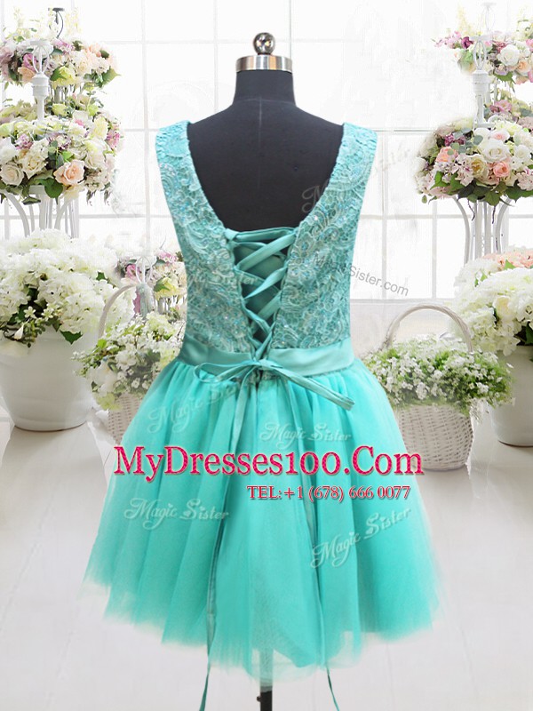 Tulle Sleeveless Mini Length Formal Evening Gowns and Beading and Lace and Belt and Hand Made Flower