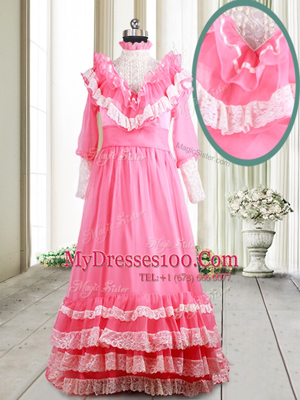 Ruffled Empire Long Sleeves Pink Prom Evening Gown Brush Train Zipper