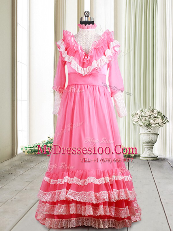 Ruffled Empire Long Sleeves Pink Prom Evening Gown Brush Train Zipper