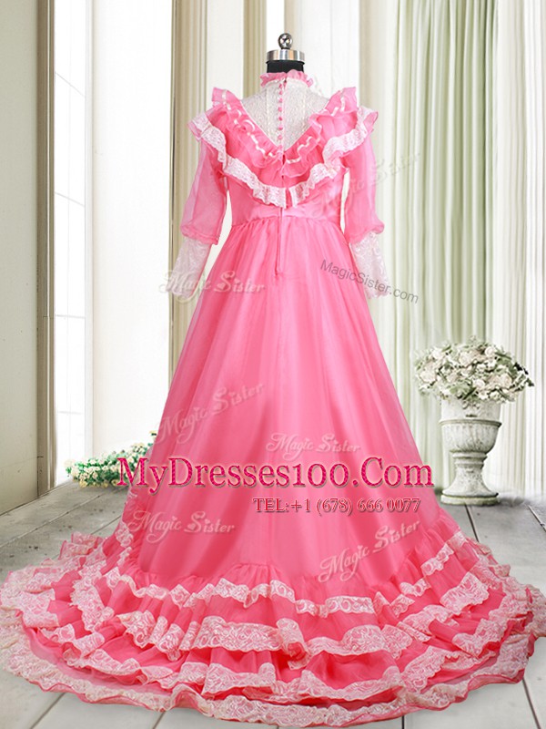 Ruffled Empire Long Sleeves Pink Prom Evening Gown Brush Train Zipper
