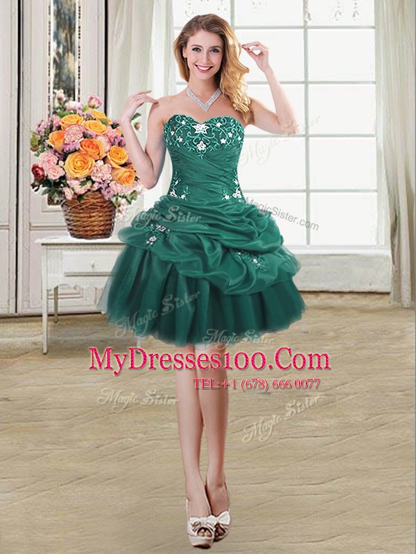 Free and Easy Dark Green Sweetheart Lace Up Beading and Appliques and Pick Ups Dress for Prom Sleeveless