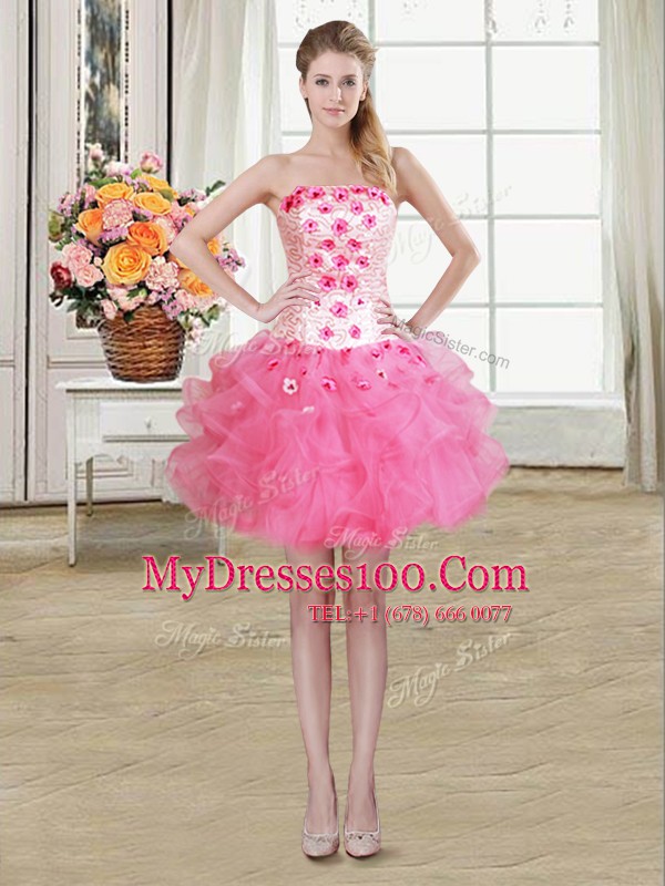 Flare Sleeveless Organza Mini Length Lace Up Cocktail Dresses in Rose Pink with Beading and Appliques and Ruffles