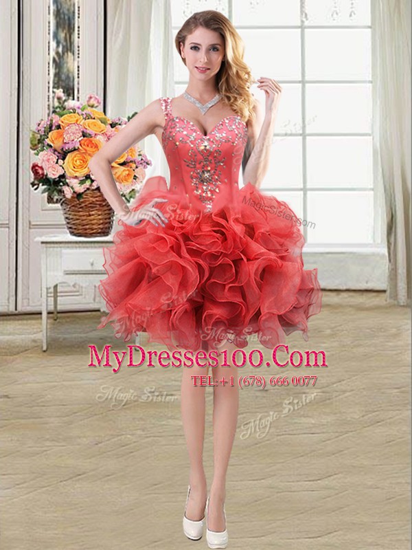 Custom Design Straps Coral Red Ball Gowns Beading and Ruffles Womens Party Dresses Lace Up Organza Sleeveless Mini Length