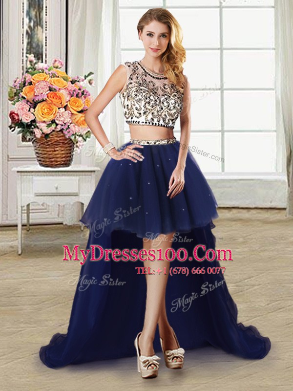 High Low Navy Blue Womens Party Dresses Scoop Cap Sleeves Zipper