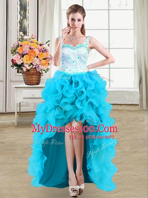 Nice Straps High Low Ball Gowns Sleeveless Baby Blue Party Dress Wholesale Lace Up