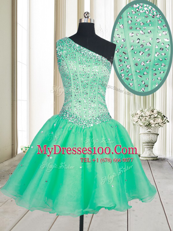 Artistic Turquoise Lace Up One Shoulder Beading Organza Sleeveless