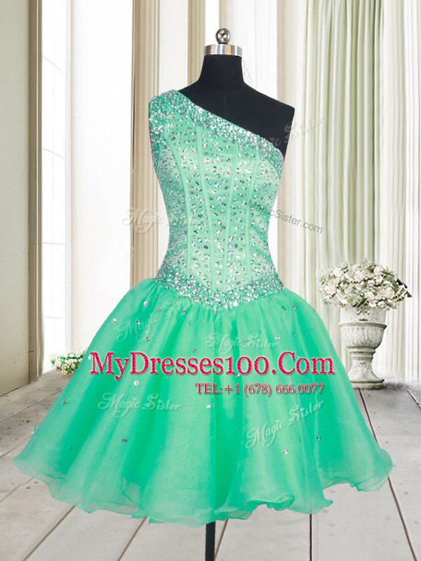 Artistic Turquoise Lace Up One Shoulder Beading Organza Sleeveless