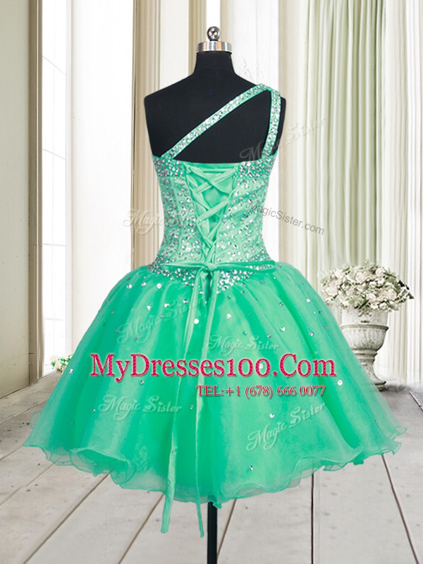 Artistic Turquoise Lace Up One Shoulder Beading Organza Sleeveless
