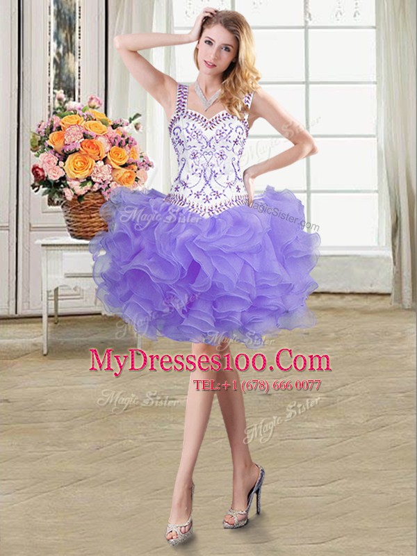 Flare Straps Sleeveless Military Ball Dresses Mini Length Beading and Ruffles Lavender Organza