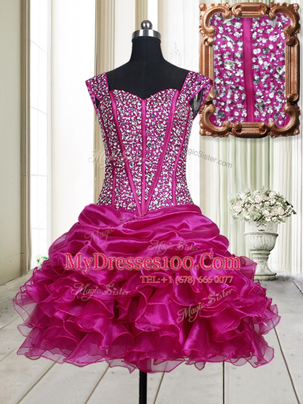 Straps Fuchsia Sleeveless Beading and Ruffles Mini Length Military Ball Gowns