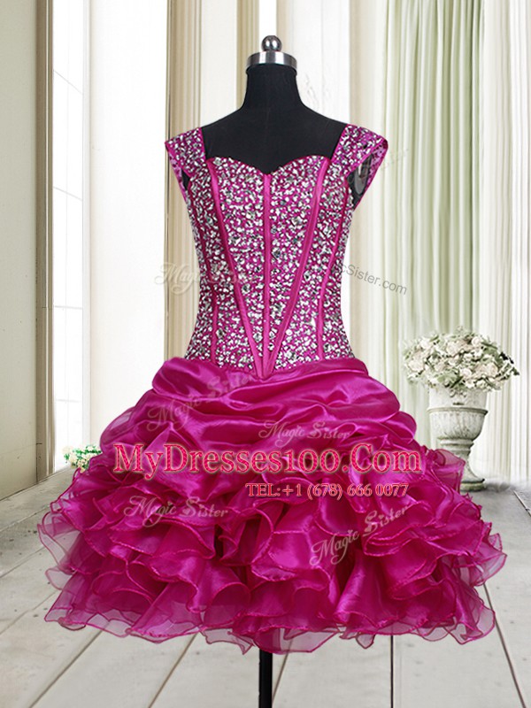Straps Fuchsia Sleeveless Beading and Ruffles Mini Length Military Ball Gowns
