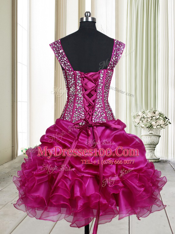 Straps Fuchsia Sleeveless Beading and Ruffles Mini Length Military Ball Gowns