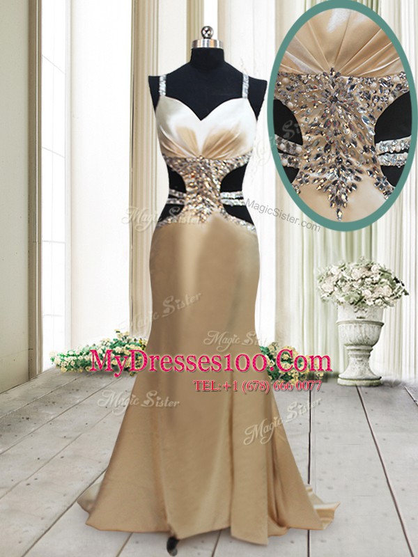 Classical Mermaid Straps Criss Cross Elastic Woven Satin Sleeveless Evening Party Dresses Sweep Train and Beading