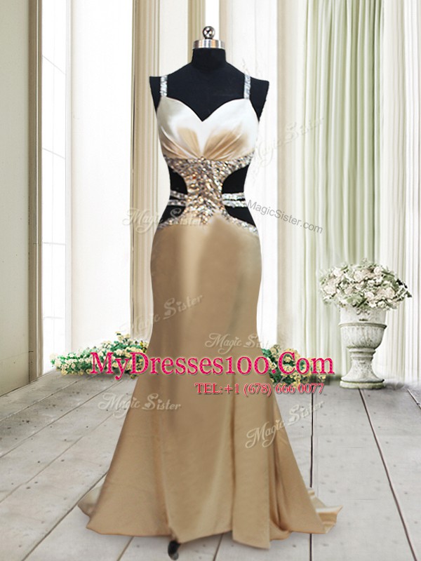 Classical Mermaid Straps Criss Cross Elastic Woven Satin Sleeveless Evening Party Dresses Sweep Train and Beading