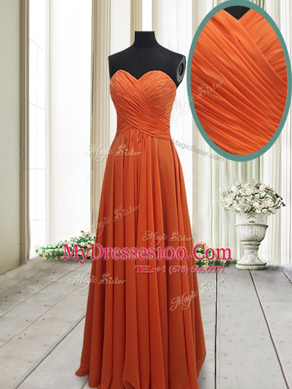 Ideal Orange Red Sleeveless Floor Length Ruching Lace Up Evening Dress