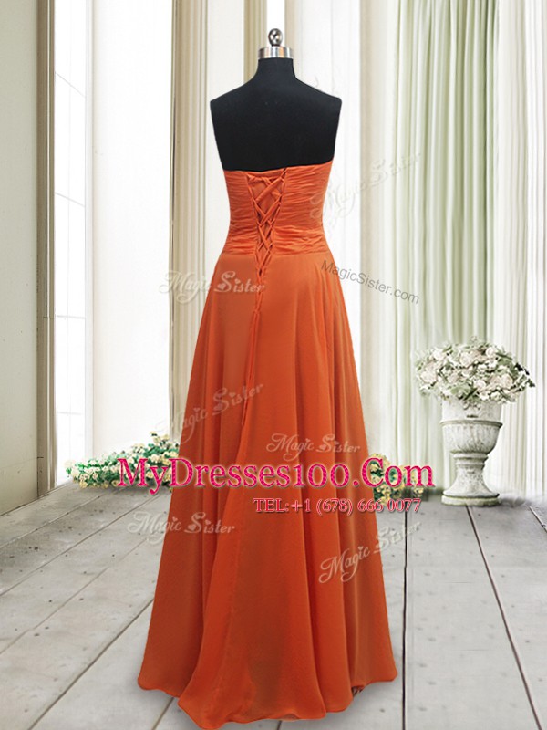 Ideal Orange Red Sleeveless Floor Length Ruching Lace Up Evening Dress