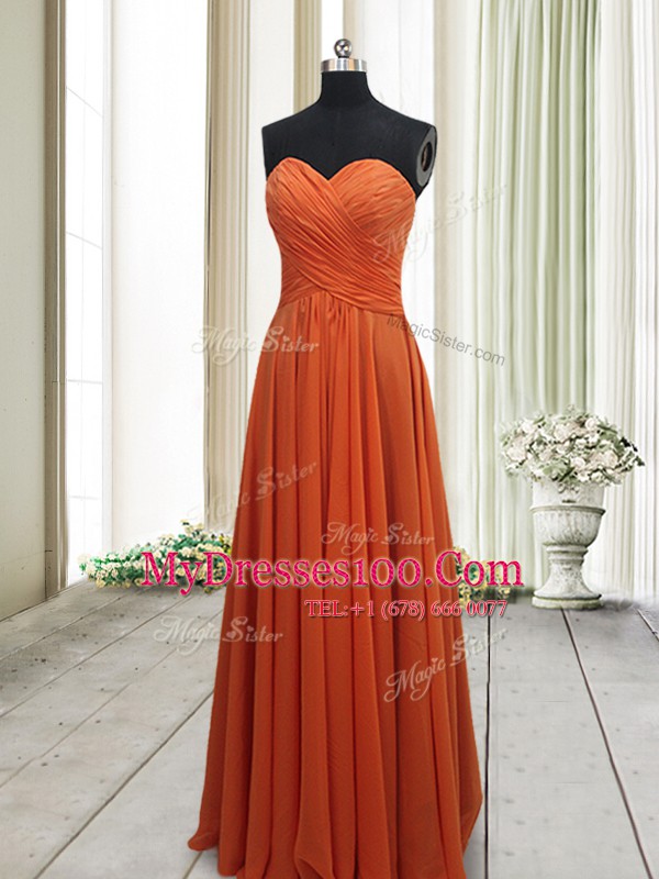 Ideal Orange Red Sleeveless Floor Length Ruching Lace Up Evening Dress