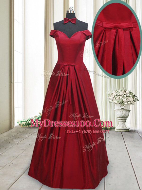 Floor Length Wine Red Womens Evening Dresses Off The Shoulder Sleeveless Lace Up