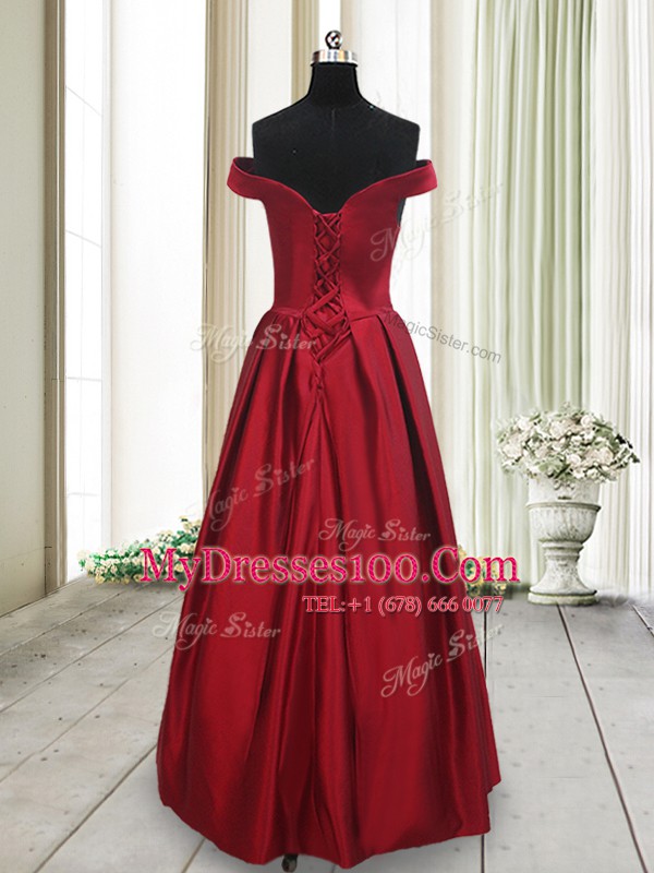 Floor Length Wine Red Womens Evening Dresses Off The Shoulder Sleeveless Lace Up