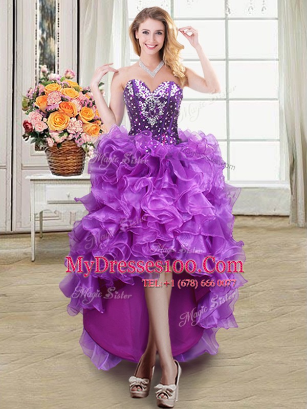Sweetheart Sleeveless Cocktail Dress High Low Beading and Ruffles Eggplant Purple Organza