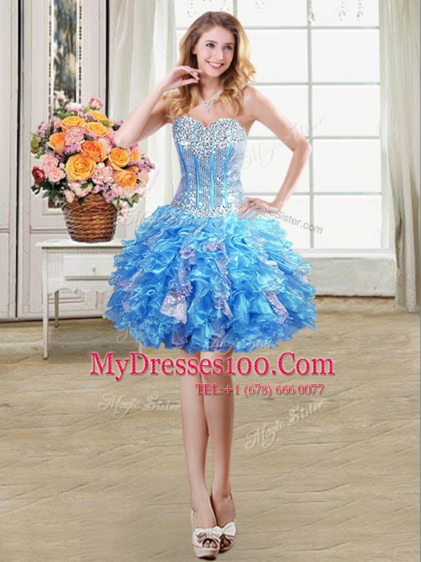 Fashion Sequins Ball Gowns Cocktail Dresses Baby Blue Sweetheart Organza Sleeveless Mini Length Lace Up