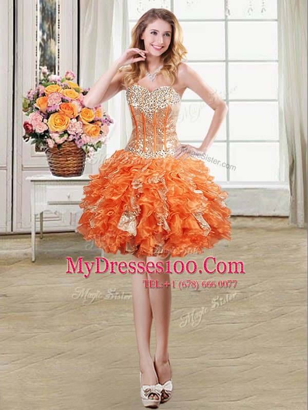 Fashionable Orange Ball Gowns Beading and Ruffles and Sequins Ball Gown Prom Dress Lace Up Organza Sleeveless Mini Length