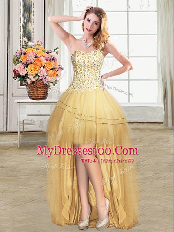 Beading and Sequins Cocktail Dress Gold Lace Up Sleeveless High Low