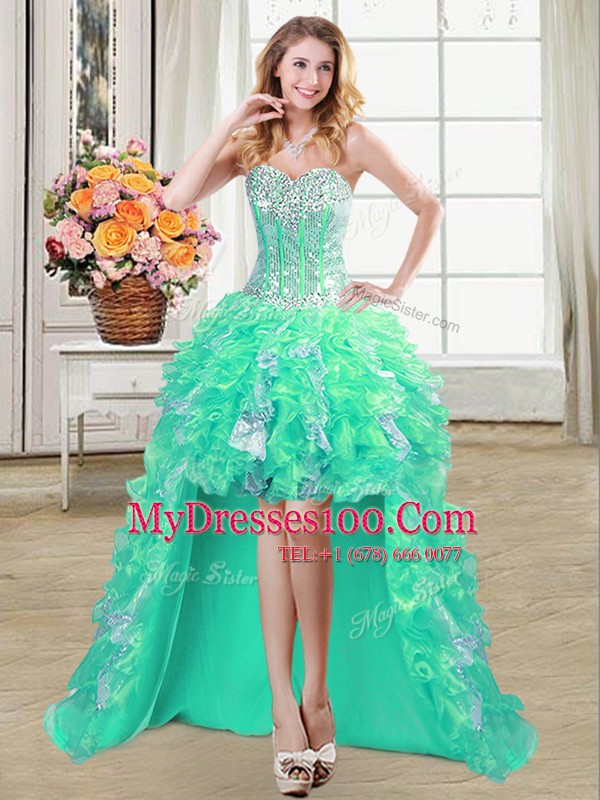 Sweetheart Sleeveless Organza Prom Dresses Ruffles and Sequins Lace Up